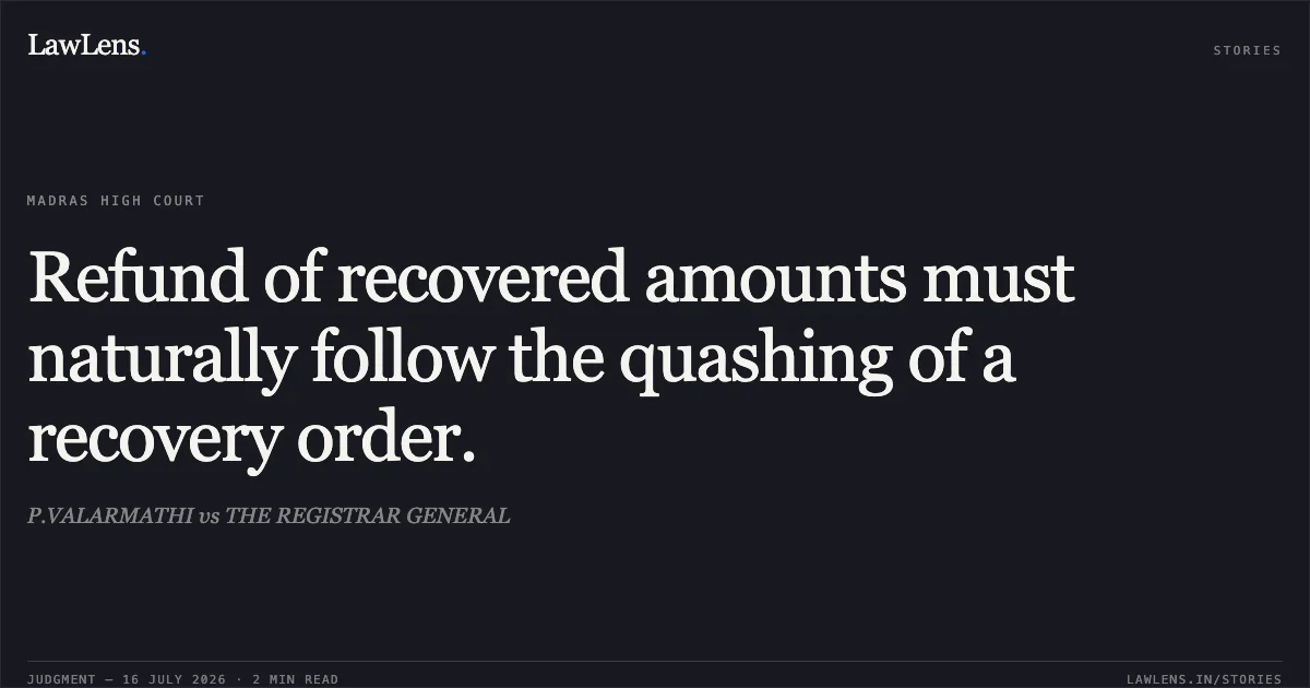 Refund of recovered amounts must naturally follow the quashing of a recovery order.. P.VALARMATHI vs THE REGISTRAR GENERAL. Madras High Court. LawLens