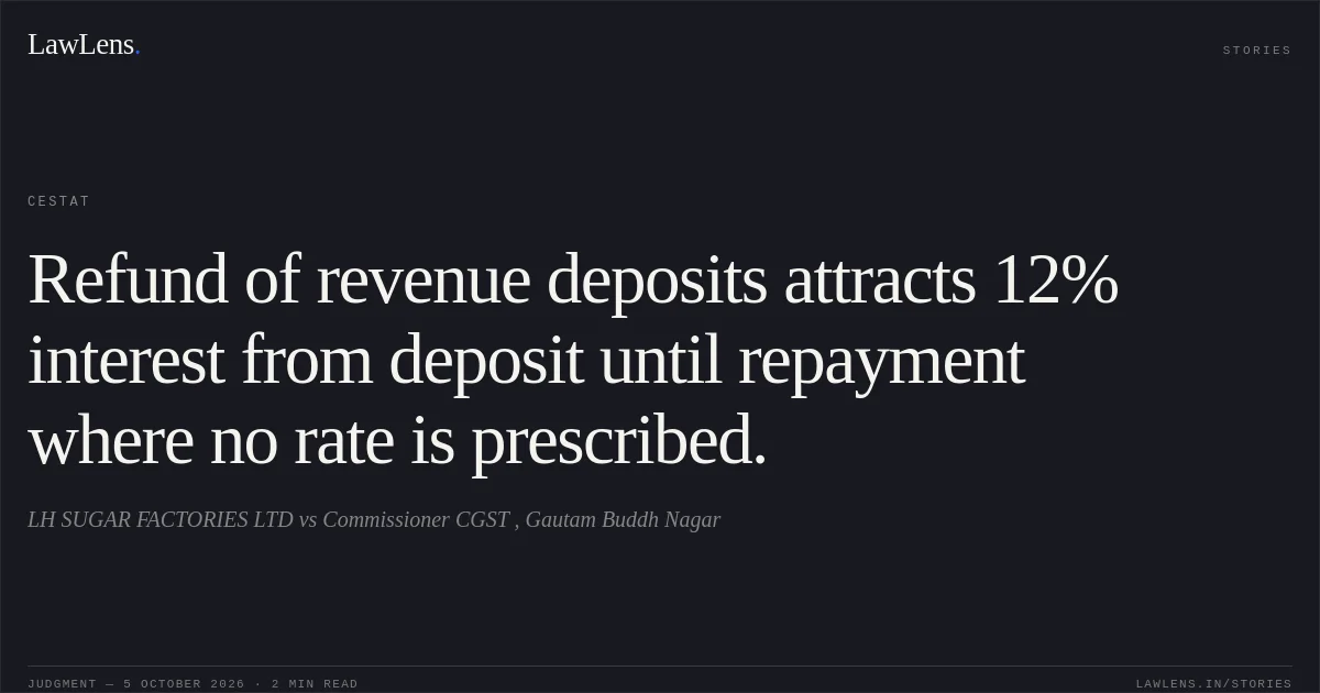 Refund of revenue deposits attracts 12% interest from deposit until repayment where no rate is prescribed.. LH SUGAR FACTORIES LTD vs Commissioner CGST , Gautam Buddh Nagar. CESTAT. LawLens