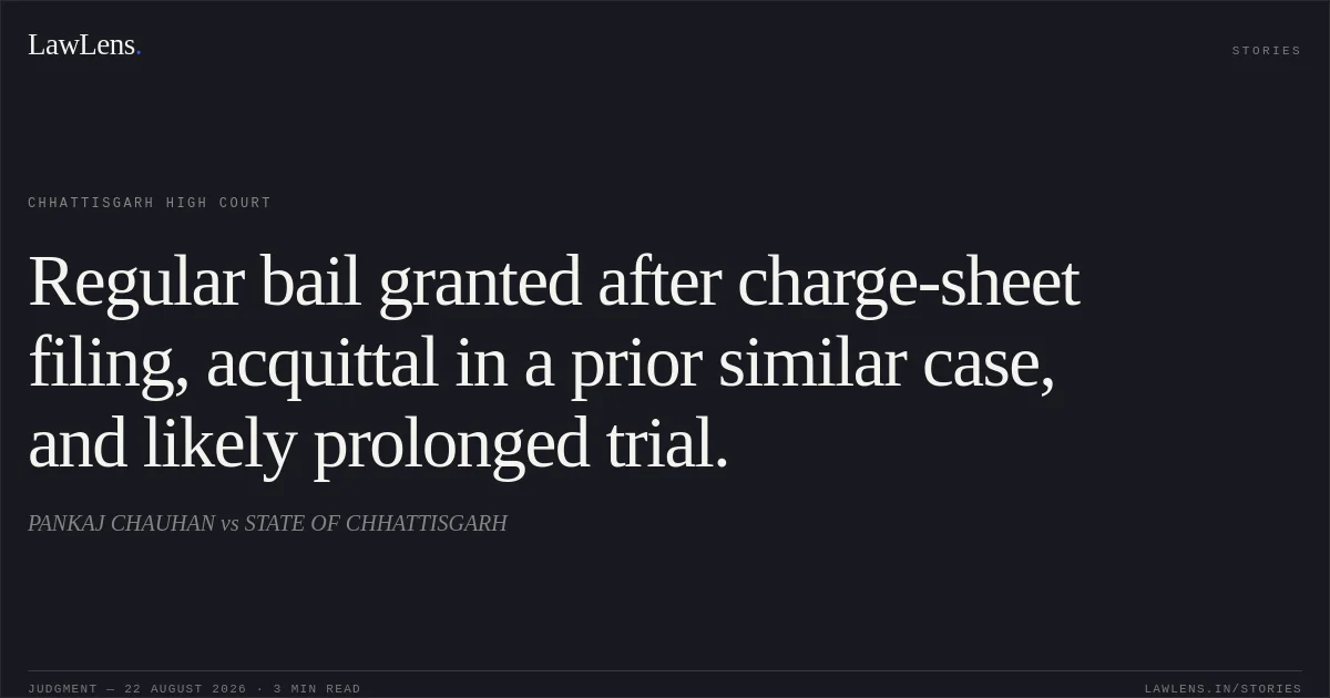 Regular bail granted after charge-sheet filing, acquittal in a prior similar case, and likely prolonged trial.. PANKAJ CHAUHAN vs STATE OF CHHATTISGARH. Chhattisgarh High Court. LawLens