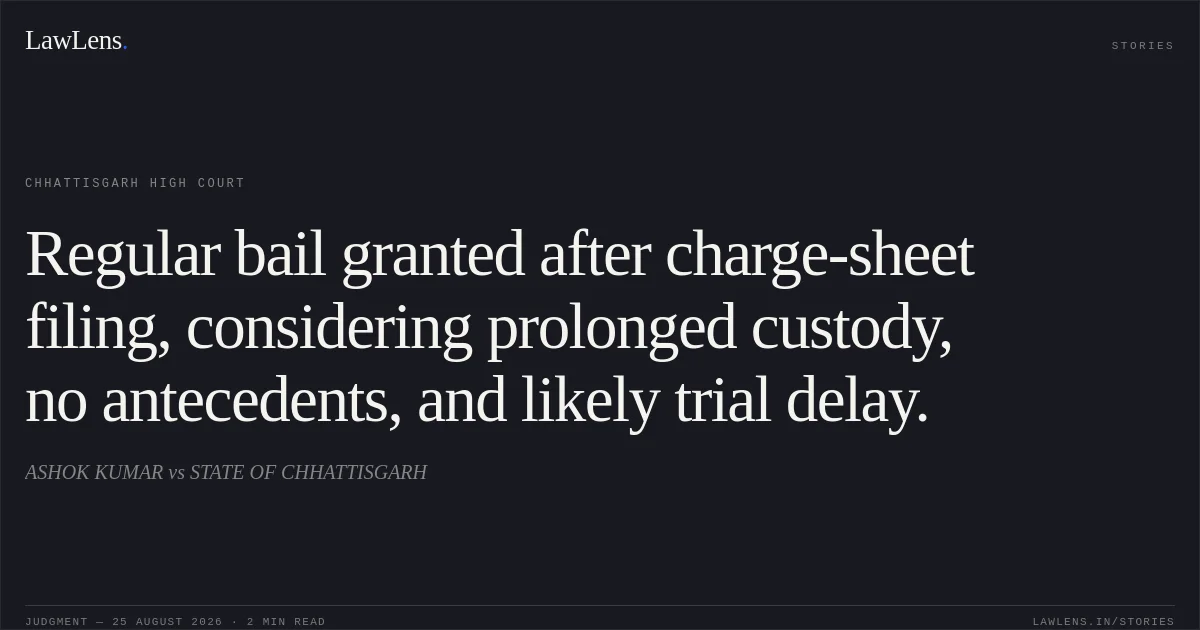 Regular bail granted after charge-sheet filing, considering prolonged custody, no antecedents, and likely trial delay.. ASHOK KUMAR vs STATE OF CHHATTISGARH. Chhattisgarh High Court. LawLens