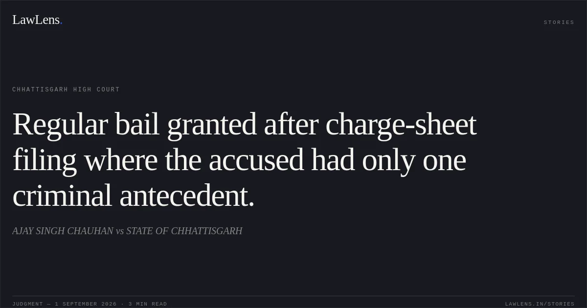Regular bail granted after charge-sheet filing where the accused had only one criminal antecedent.. AJAY SINGH CHAUHAN vs STATE OF CHHATTISGARH. Chhattisgarh High Court. LawLens
