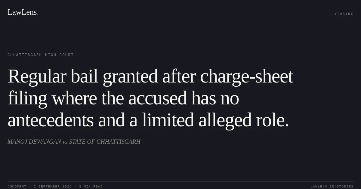 Regular bail granted after charge-sheet filing where the accused has no antecedents and a limited alleged role.. MANOJ DEWANGAN vs STATE OF CHHATTISGARH. Chhattisgarh High Court. LawLens
