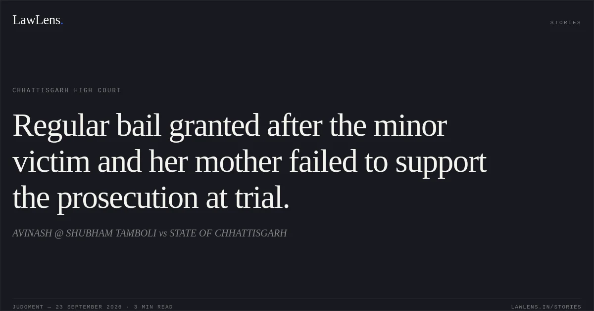 Regular bail granted after the minor victim and her mother failed to support the prosecution at trial.. AVINASH @ SHUBHAM TAMBOLI vs STATE OF CHHATTISGARH. Chhattisgarh High Court. LawLens