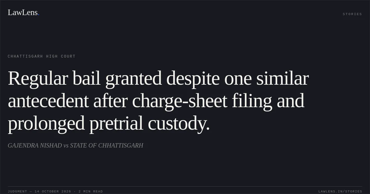 Regular bail granted despite one similar antecedent after charge-sheet filing and prolonged pretrial custody.. GAJENDRA NISHAD vs STATE OF CHHATTISGARH. Chhattisgarh High Court. LawLens