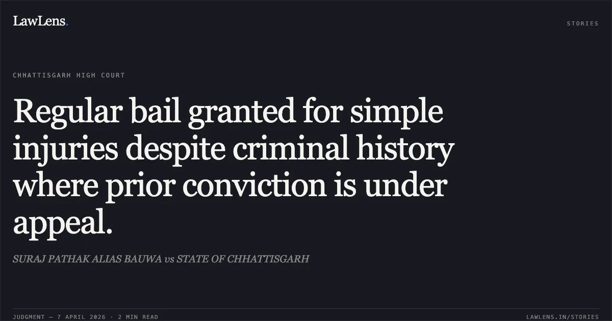 Regular bail granted for simple injuries despite criminal history where prior conviction is under appeal.. SURAJ PATHAK ALIAS BAUWA vs STATE OF CHHATTISGARH. Chhattisgarh High Court. LawLens