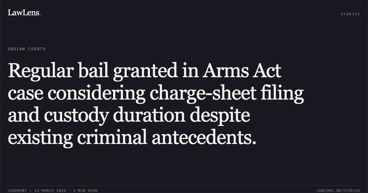 Regular bail granted in Arms Act case considering charge-sheet filing and custody duration despite existing criminal antecedents.. ADIL KHAN vs STATE OF CHHATTISGARH. Chhattisgarh High Court. LawLens