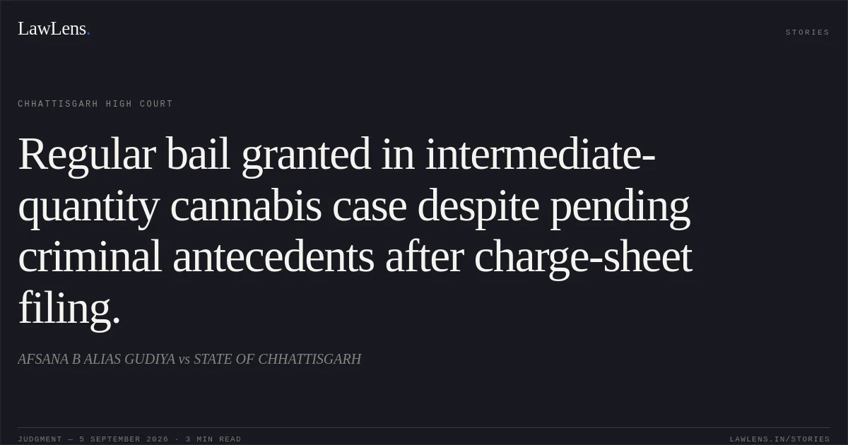 Regular bail granted in intermediate-quantity cannabis case despite pending criminal antecedents after charge-sheet filing.. AFSANA B ALIAS GUDIYA vs STATE OF CHHATTISGARH. Chhattisgarh High Court. LawLens