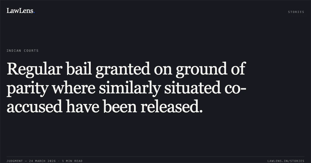 Regular bail granted on ground of parity where similarly situated co-accused have been released.. HEMANT KUMAR KAUSHIK vs STATE OF CHHATTISGARH. Chhattisgarh High Court. LawLens