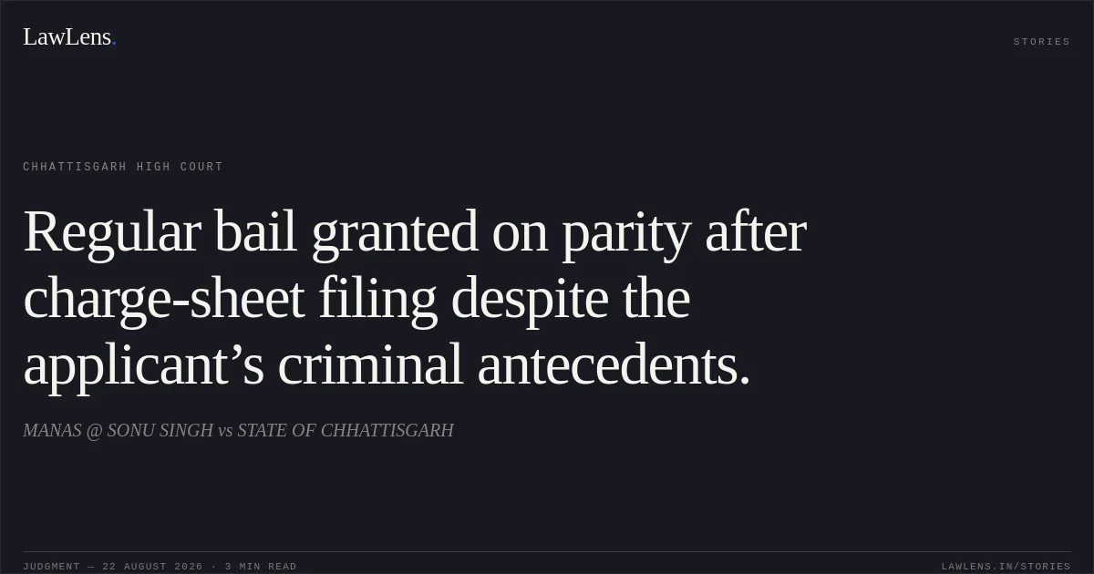 Regular bail granted on parity after charge-sheet filing despite the applicant’s criminal antecedents.. MANAS @ SONU SINGH vs STATE OF CHHATTISGARH. Chhattisgarh High Court. LawLens
