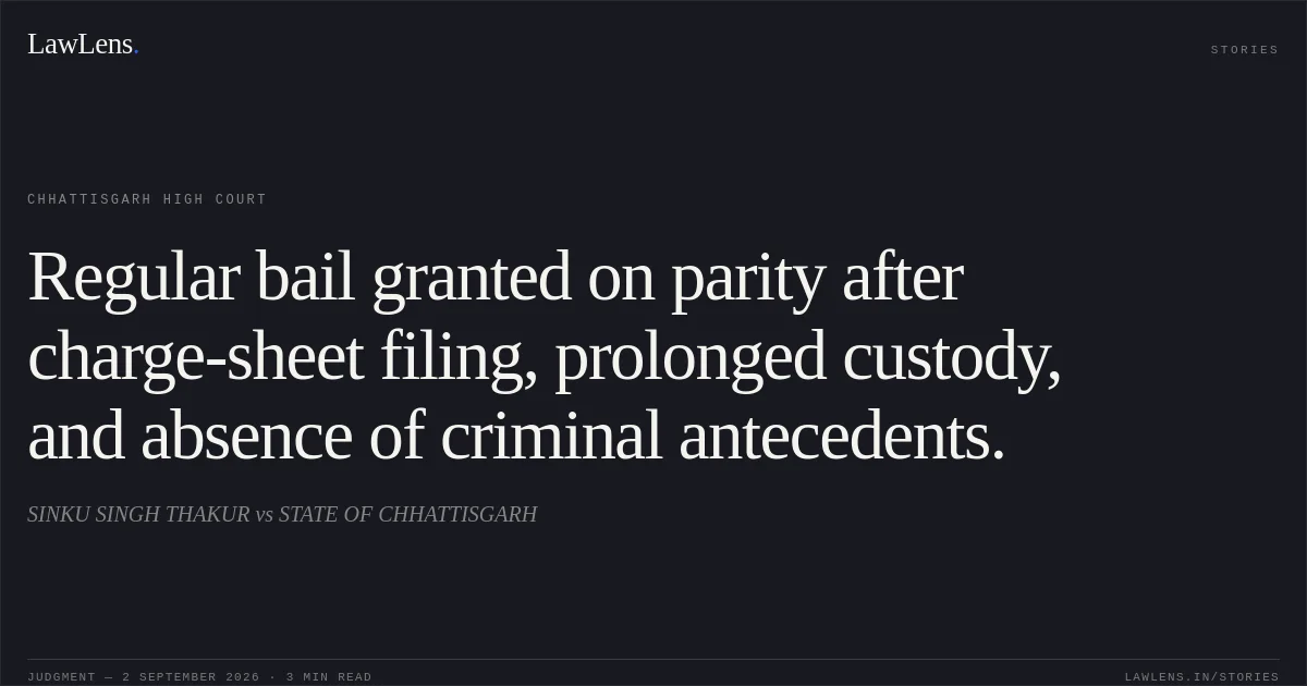 Regular bail granted on parity after charge-sheet filing, prolonged custody, and absence of criminal antecedents.. SINKU SINGH THAKUR vs STATE OF CHHATTISGARH. Chhattisgarh High Court. LawLens