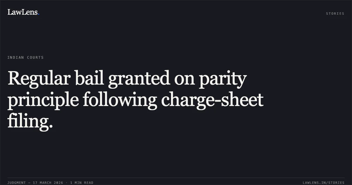 Regular bail granted on parity principle following charge-sheet filing.. PURHOTTAM DEWANGAN vs STATE OF CHHATTISGARH. Chhattisgarh High Court. LawLens