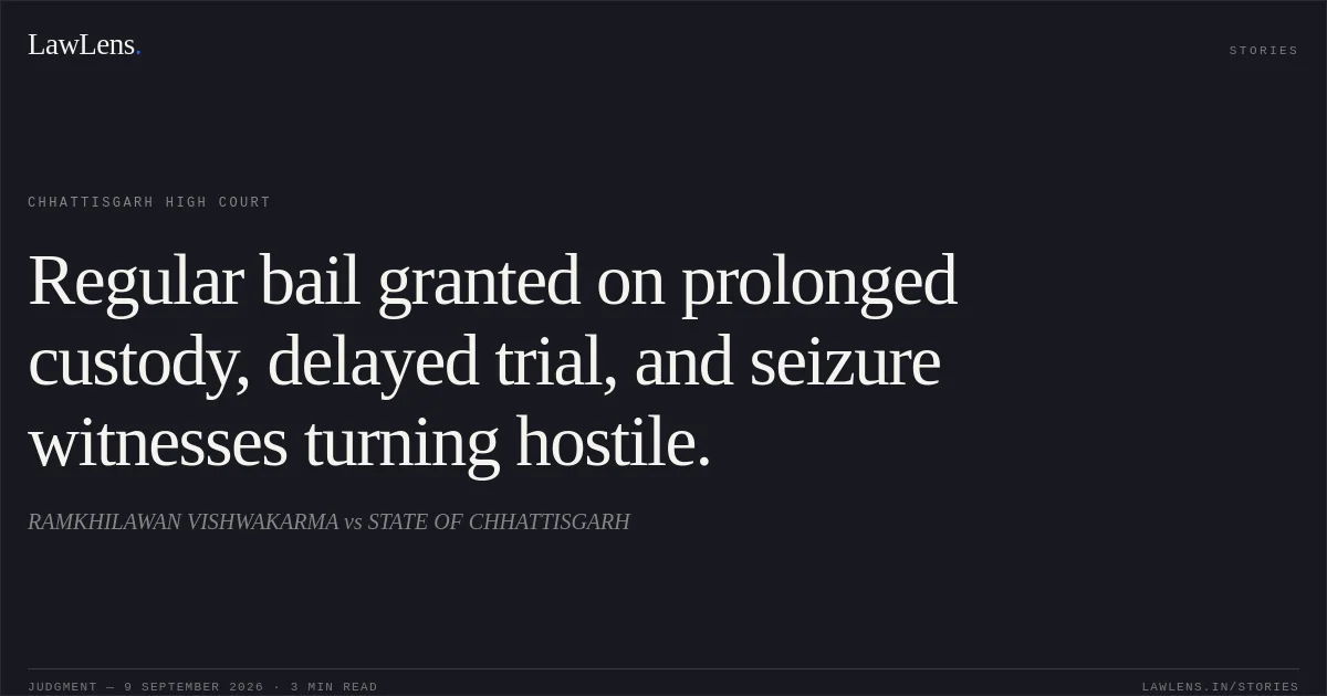 Regular bail granted on prolonged custody, delayed trial, and seizure witnesses turning hostile.. RAMKHILAWAN VISHWAKARMA vs STATE OF CHHATTISGARH. Chhattisgarh High Court. LawLens