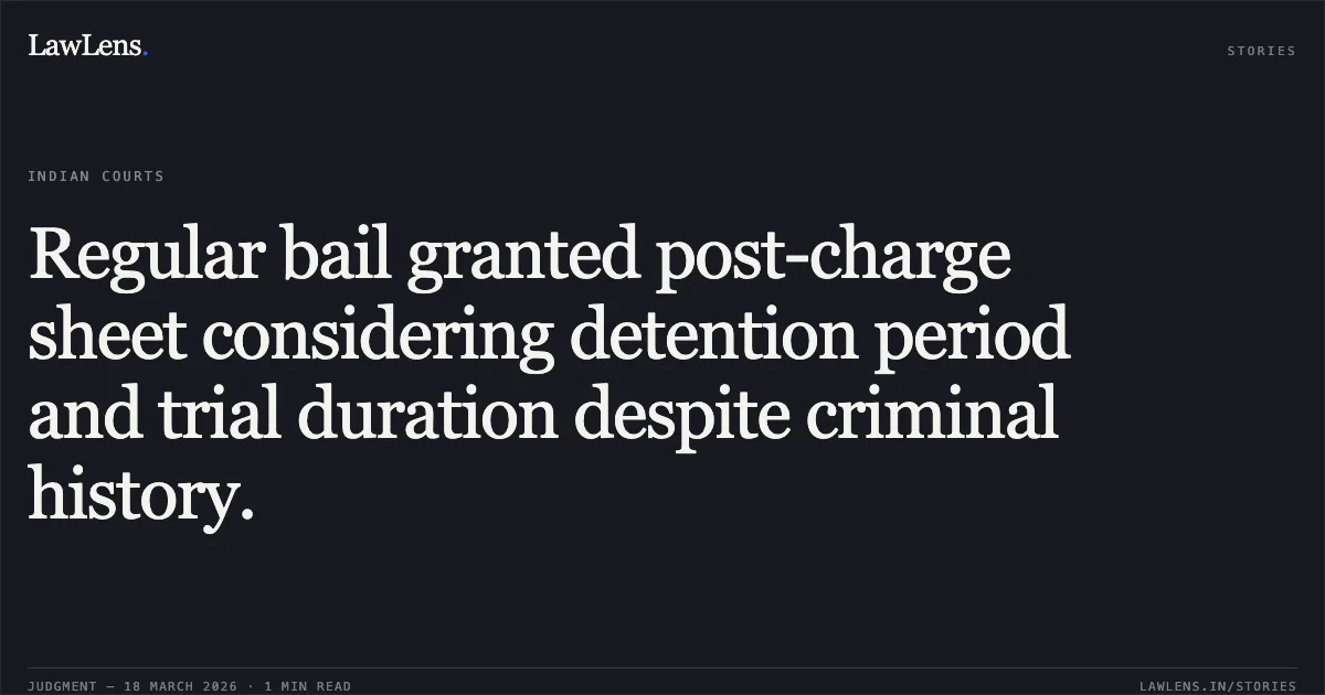 Regular bail granted post-charge sheet considering detention period and trial duration despite criminal history.. ASHIF KHAN vs STATE OF CHHATTISGARH. Chhattisgarh High Court. LawLens