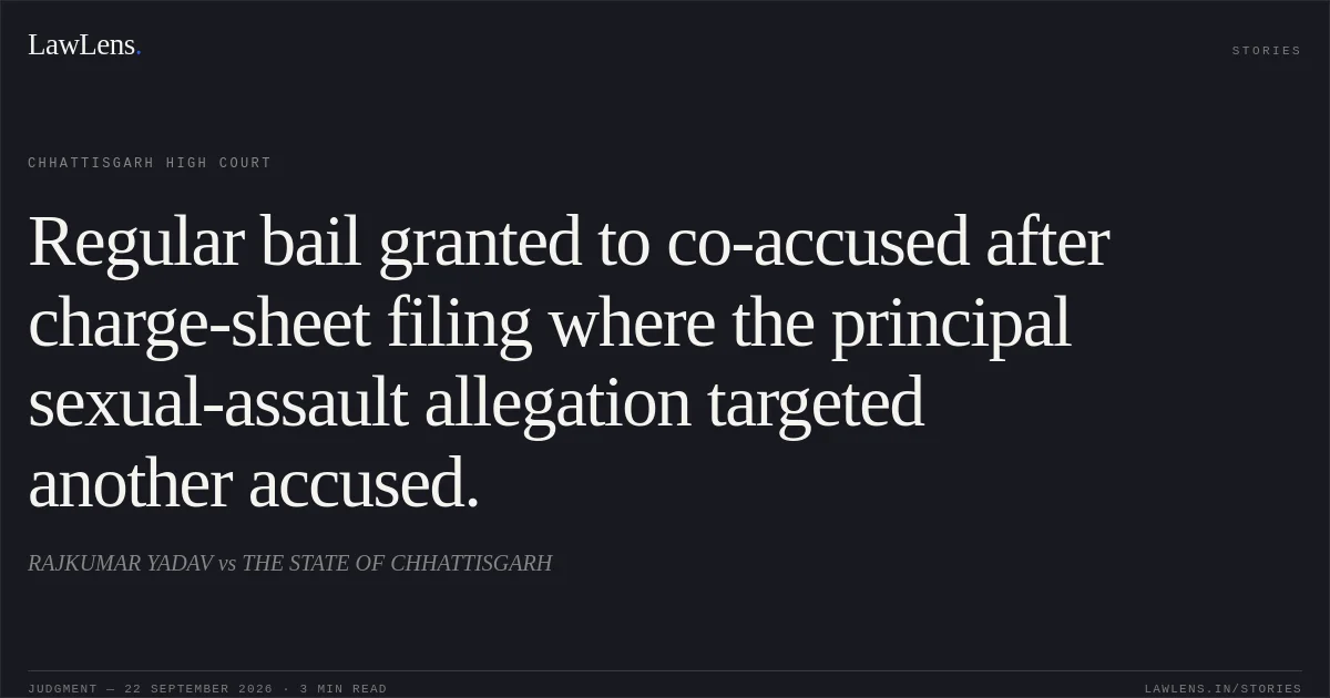 Regular bail granted to co-accused after charge-sheet filing where the principal sexual-assault allegation targeted another accused.. RAJKUMAR YADAV vs THE STATE OF CHHATTISGARH. Chhattisgarh High Court. LawLens