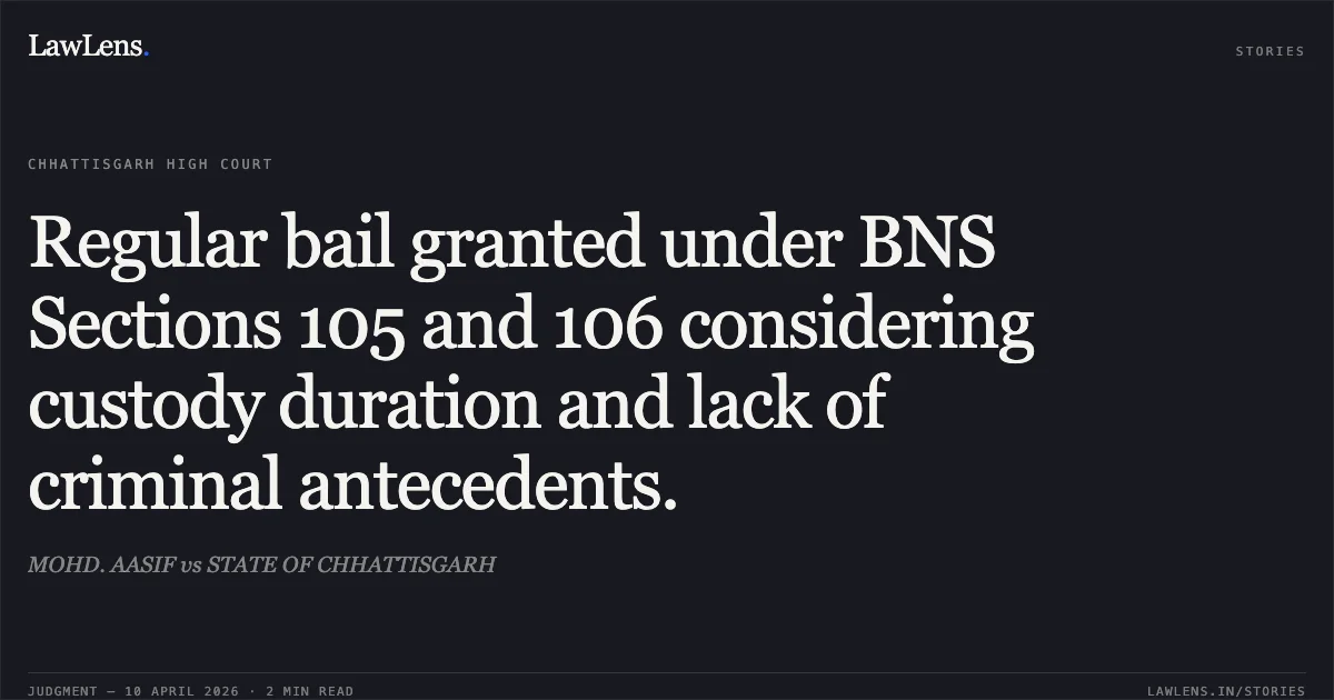 Regular bail granted under BNS Sections 105 and 106 considering custody duration and lack of criminal antecedents.. MOHD. AASIF vs STATE OF CHHATTISGARH. Chhattisgarh High Court. LawLens