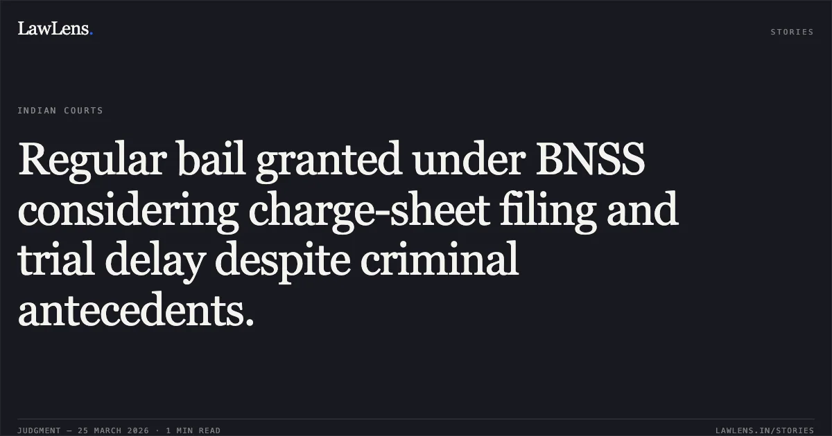 Regular bail granted under BNSS considering charge-sheet filing and trial delay despite criminal antecedents.. TIKESHWAR YADU vs STATE OF CHHATTISGARH. Chhattisgarh High Court. LawLens