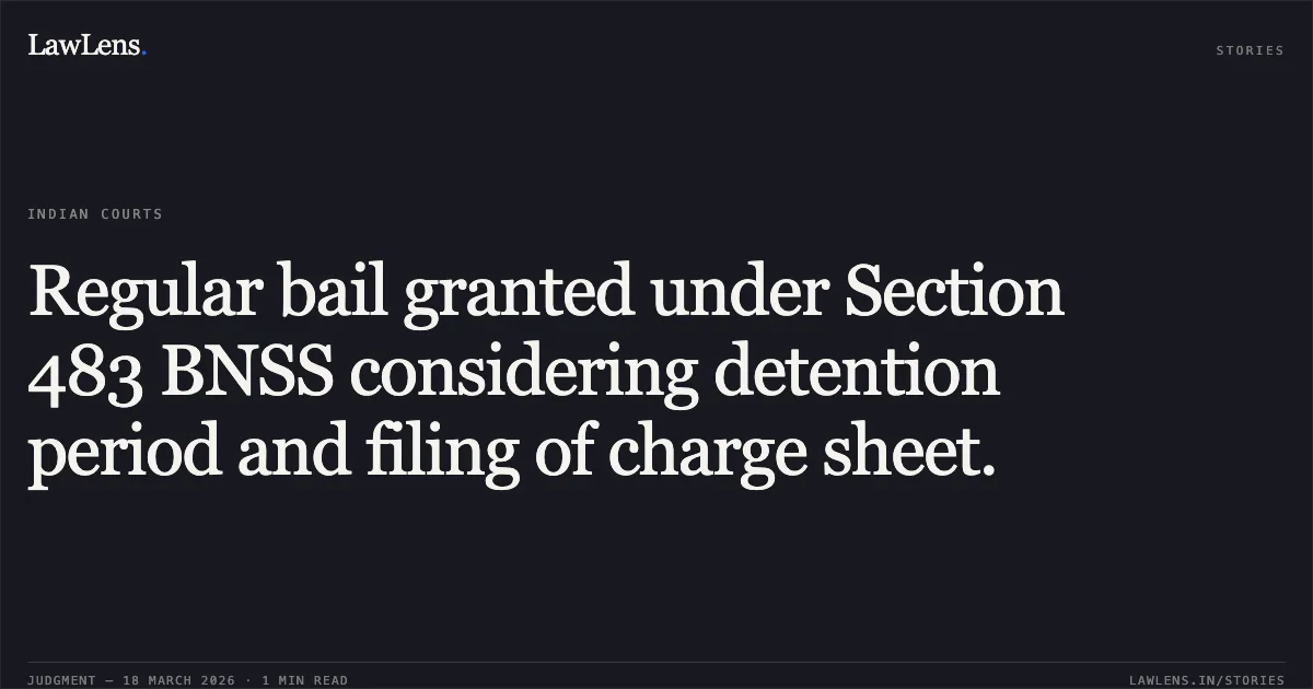 Regular bail granted under Section 483 BNSS considering detention period and filing of charge sheet.. ASHIF KHAN vs STATE OF CHHATTISGARH. Chhattisgarh High Court. LawLens