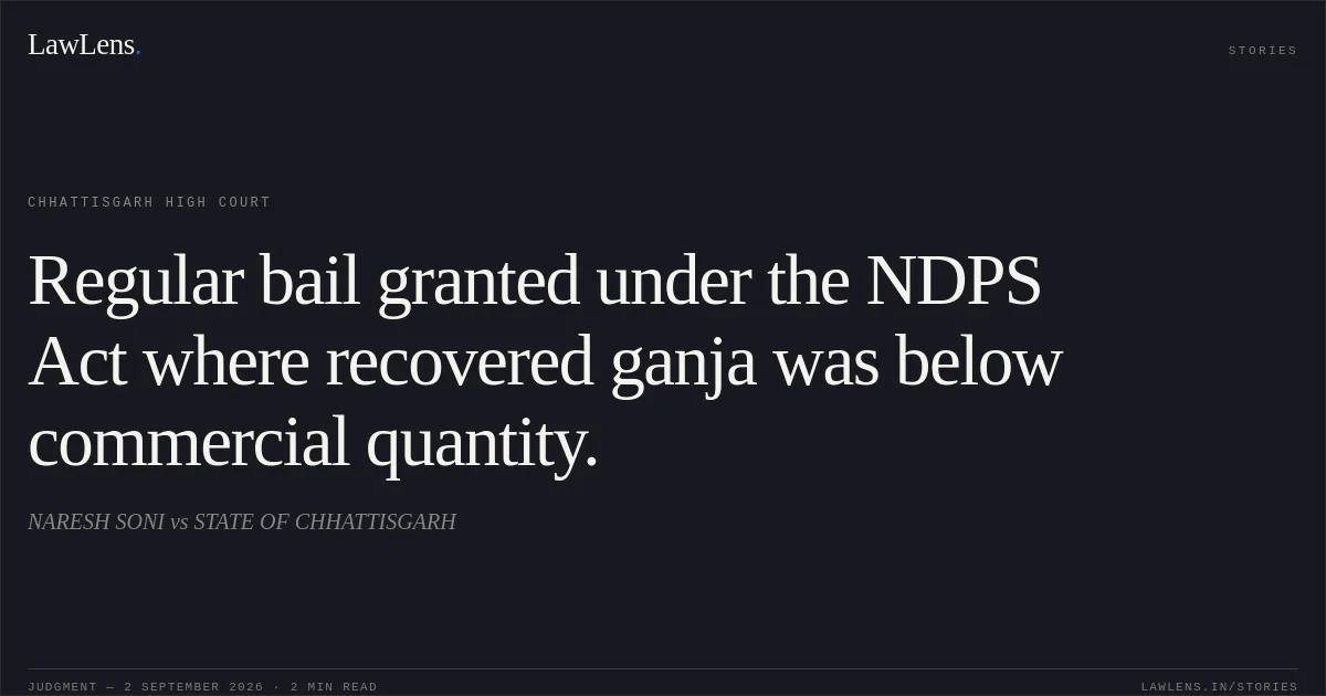 Regular bail granted under the NDPS Act where recovered ganja was below commercial quantity.. NARESH SONI vs STATE OF CHHATTISGARH. Chhattisgarh High Court. LawLens