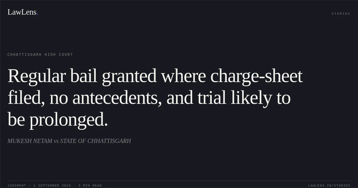 Regular bail granted where charge-sheet filed, no antecedents, and trial likely to be prolonged.. MUKESH NETAM vs STATE OF CHHATTISGARH. Chhattisgarh High Court. LawLens