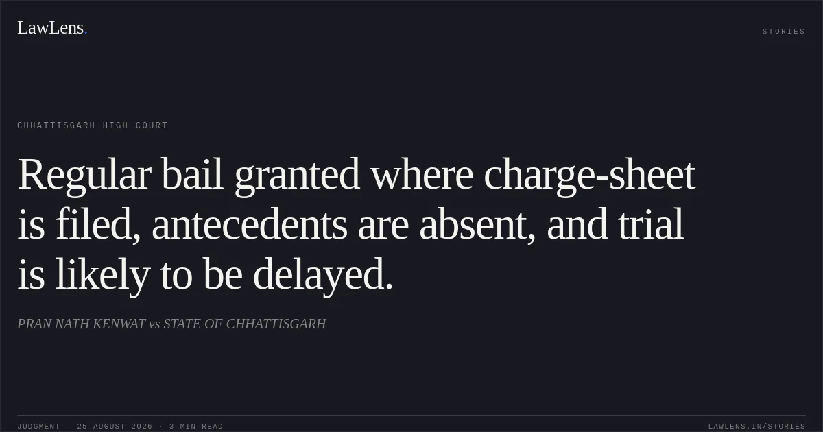 Regular bail granted where charge-sheet is filed, antecedents are absent, and trial is likely to be delayed.. PRAN NATH KENWAT vs STATE OF CHHATTISGARH. Chhattisgarh High Court. LawLens