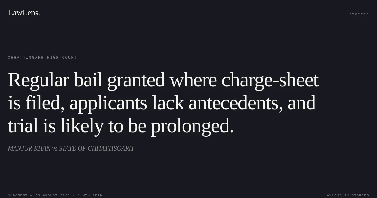 Regular bail granted where charge-sheet is filed, applicants lack antecedents, and trial is likely to be prolonged.. MANJUR KHAN vs STATE OF CHHATTISGARH. Chhattisgarh High Court. LawLens