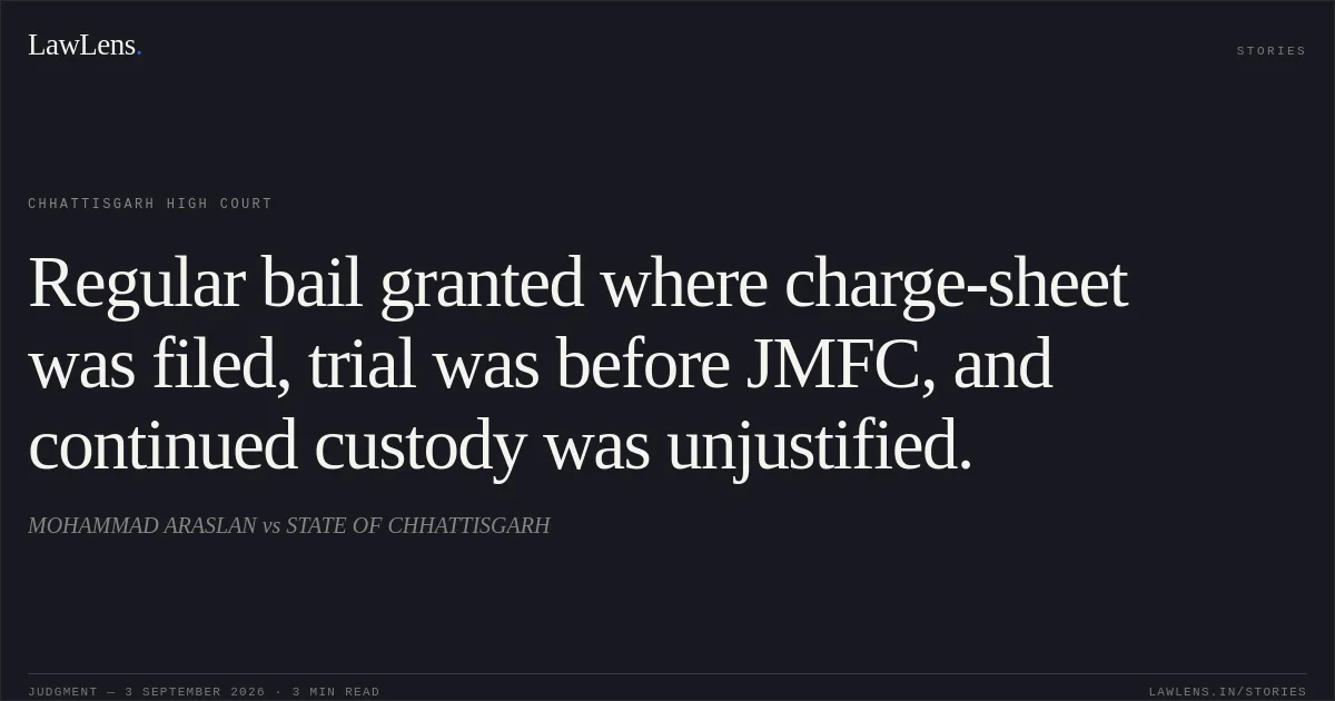 Regular bail granted where charge-sheet was filed, trial was before JMFC, and continued custody was unjustified.. MOHAMMAD ARASLAN vs STATE OF CHHATTISGARH. Chhattisgarh High Court. LawLens