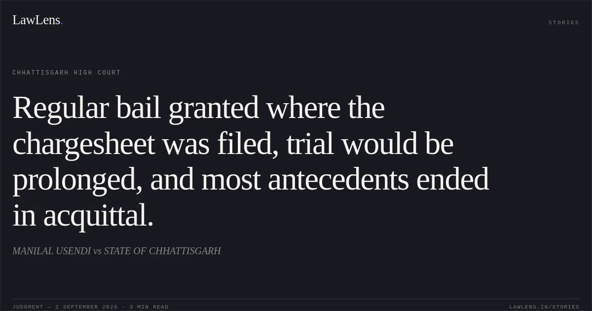 Regular bail granted where the chargesheet was filed, trial would be prolonged, and most antecedents ended in acquittal.. MANILAL USENDI vs STATE OF CHHATTISGARH. Chhattisgarh High Court. LawLens