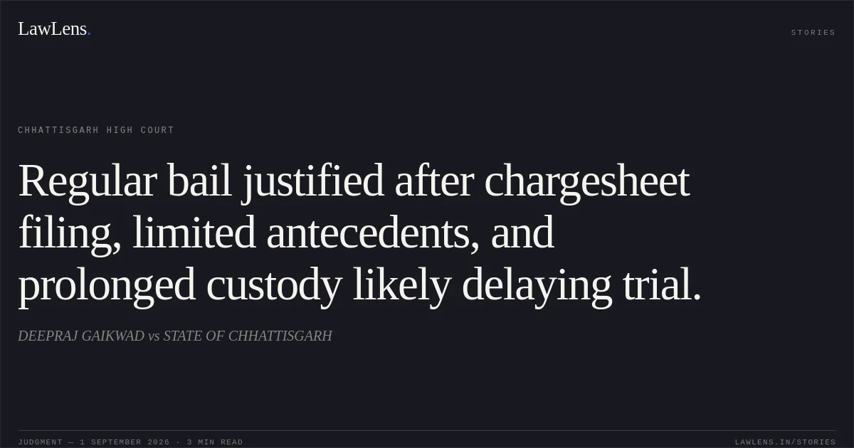 Regular bail justified after chargesheet filing, limited antecedents, and prolonged custody likely delaying trial.. DEEPRAJ GAIKWAD vs STATE OF CHHATTISGARH. Chhattisgarh High Court. LawLens