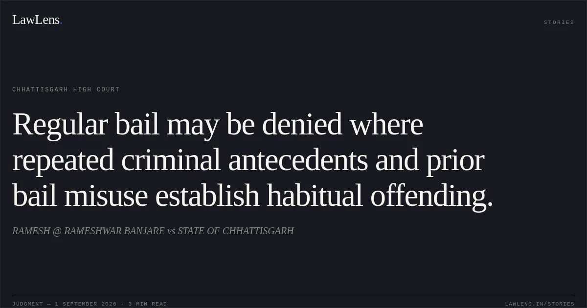 Regular bail may be denied where repeated criminal antecedents and prior bail misuse establish habitual offending.. RAMESH @ RAMESHWAR BANJARE vs STATE OF CHHATTISGARH. Chhattisgarh High Court. LawLens