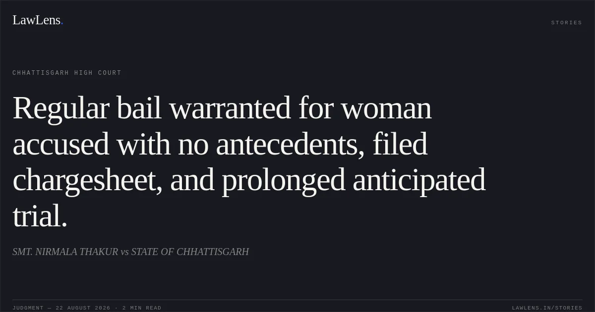 Regular bail warranted for woman accused with no antecedents, filed chargesheet, and prolonged anticipated trial.. SMT. NIRMALA THAKUR vs STATE OF CHHATTISGARH. Chhattisgarh High Court. LawLens