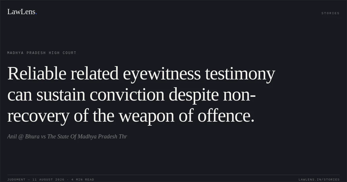 Reliable related eyewitness testimony can sustain conviction despite non-recovery of the weapon of offence.. Anil @ Bhura vs The State Of Madhya Pradesh Thr. Madhya Pradesh High Court. LawLens