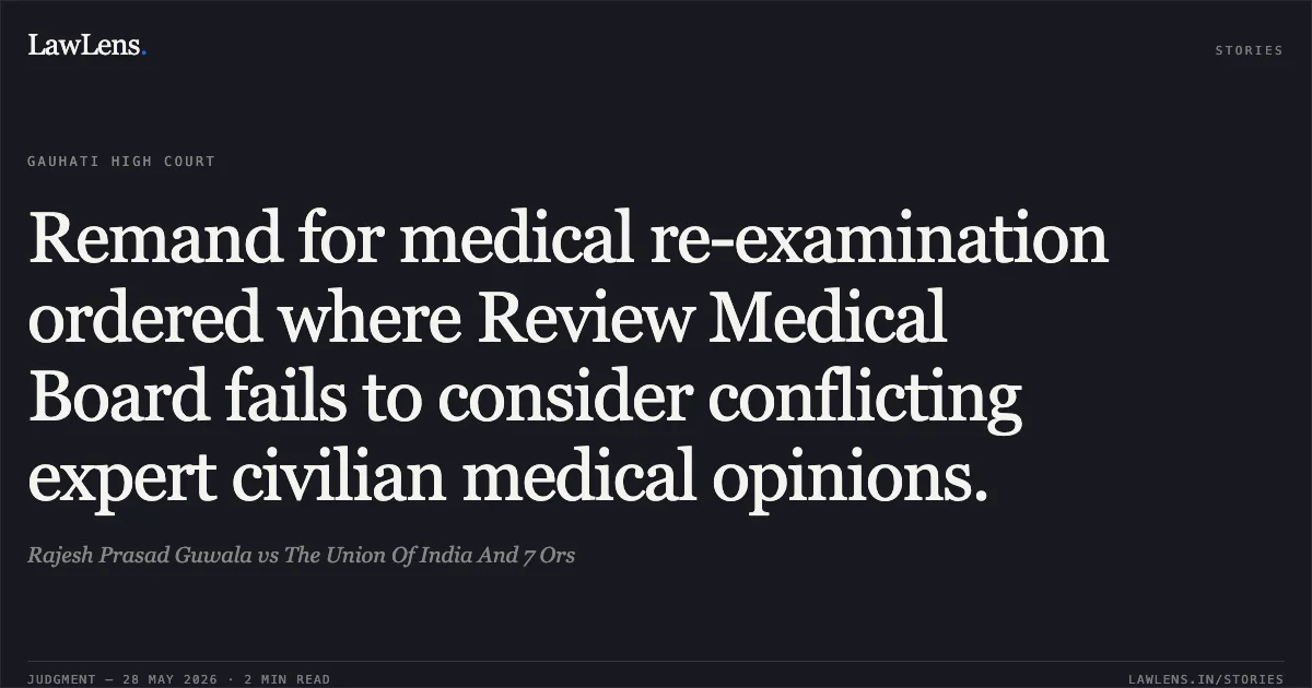 Remand for medical re-examination ordered where Review Medical Board fails to consider conflicting expert civilian medical opinions.. Rajesh Prasad Guwala vs The Union Of India And 7 Ors. Gauhati High Court. LawLens