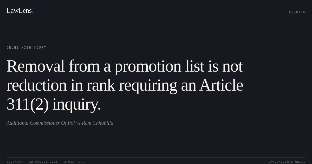Removal from a promotion list is not reduction in rank requiring an Article 311(2) inquiry.. Additional Commissioner Of Pol vs Ram Chhabilla. Delhi High Court. LawLens