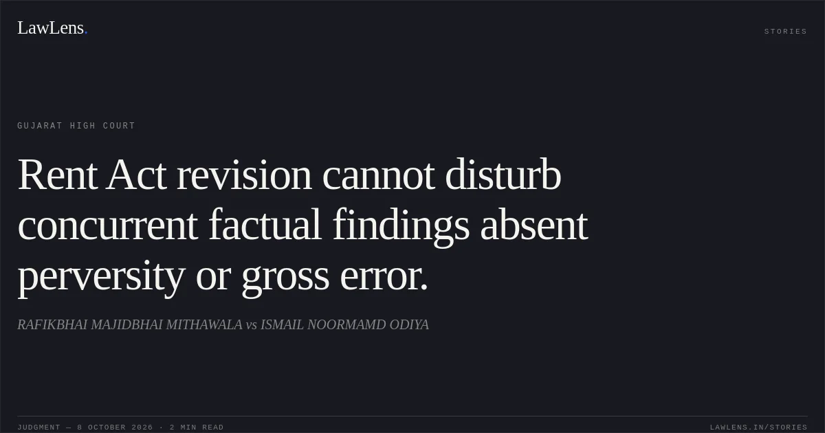Rent Act revision cannot disturb concurrent factual findings absent perversity or gross error.. RAFIKBHAI MAJIDBHAI MITHAWALA vs ISMAIL NOORMAMD ODIYA. Gujarat High Court. LawLens