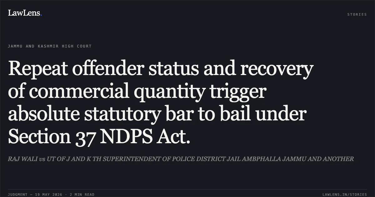 Repeat offender status and recovery of commercial quantity trigger absolute statutory bar to bail under Section 37 NDPS Act.. RAJ WALI vs UT OF J AND K TH SUPERINTENDENT OF POLICE DISTRICT JAIL AMBPHALLA JAMMU AND ANOTHER. Jammu and Kashmir High Court. LawLens