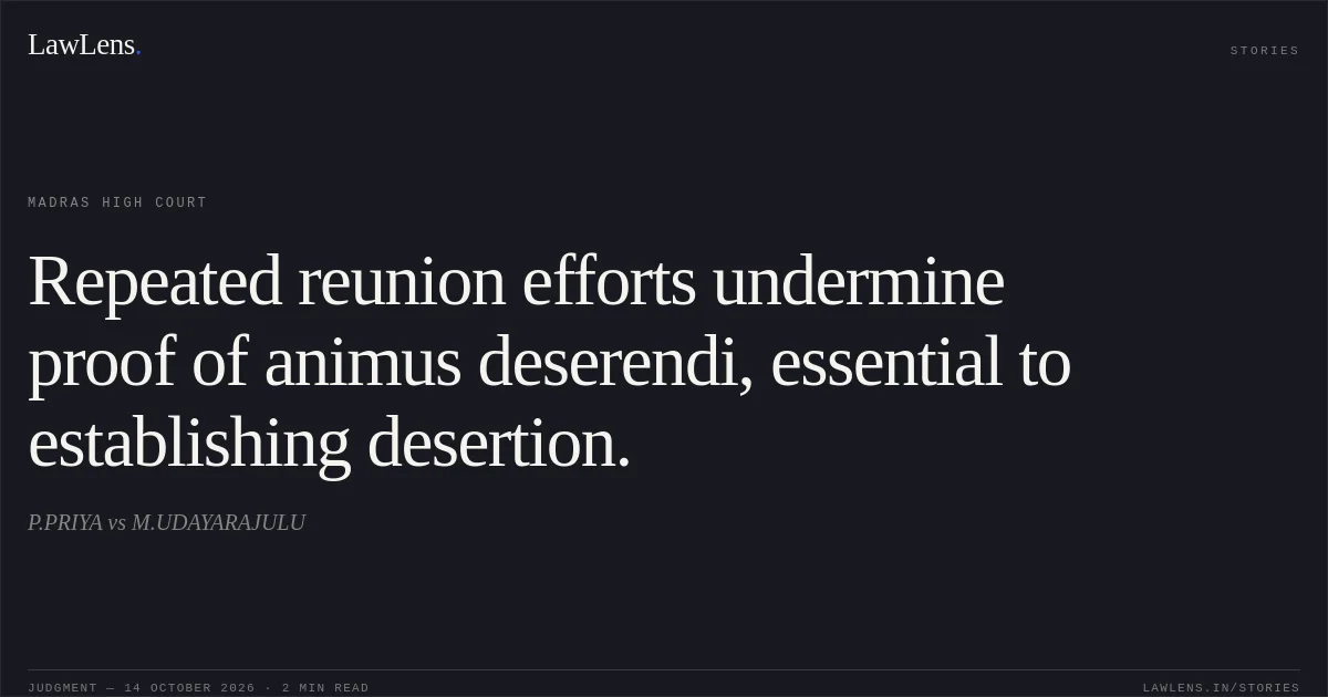 Repeated reunion efforts undermine proof of animus deserendi, essential to establishing desertion.. P.PRIYA vs M.UDAYARAJULU. Madras High Court. LawLens