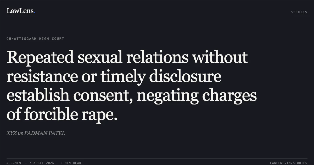 Repeated sexual relations without resistance or timely disclosure establish consent, negating charges of forcible rape.. XYZ vs PADMAN PATEL. Chhattisgarh High Court. LawLens