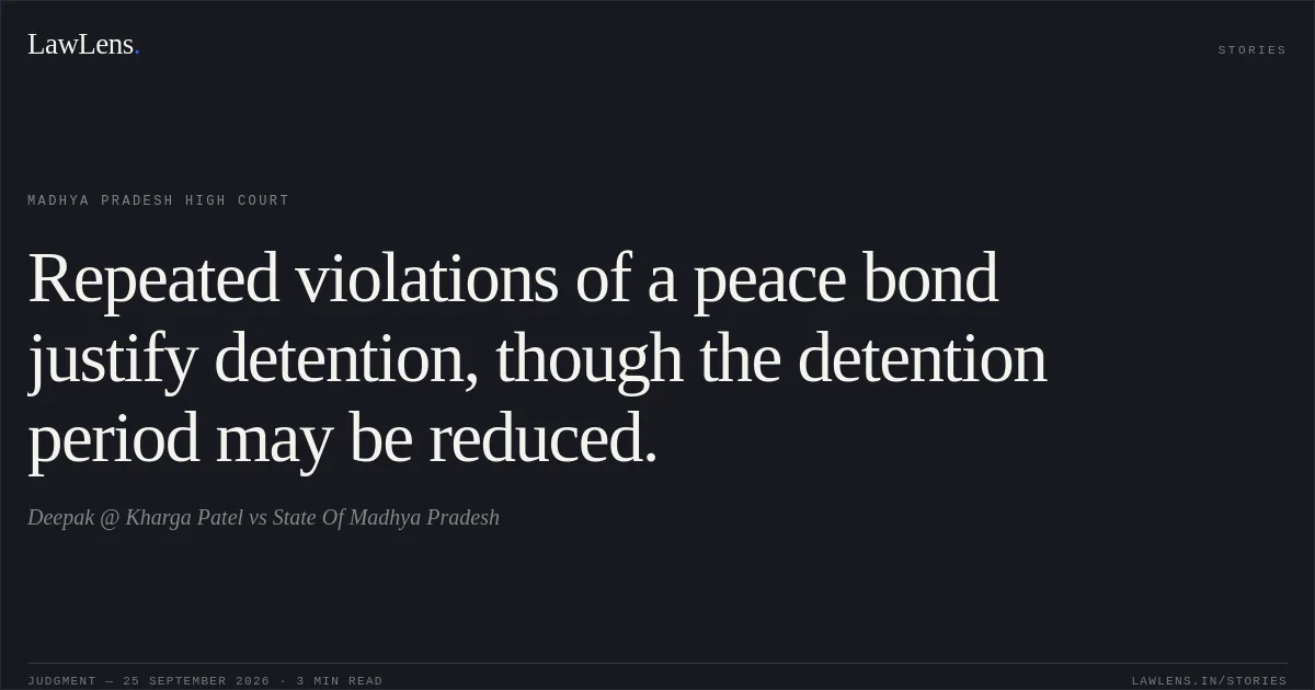Repeated violations of a peace bond justify detention, though the detention period may be reduced.. Deepak @ Kharga Patel vs State Of Madhya Pradesh. Madhya Pradesh High Court. LawLens
