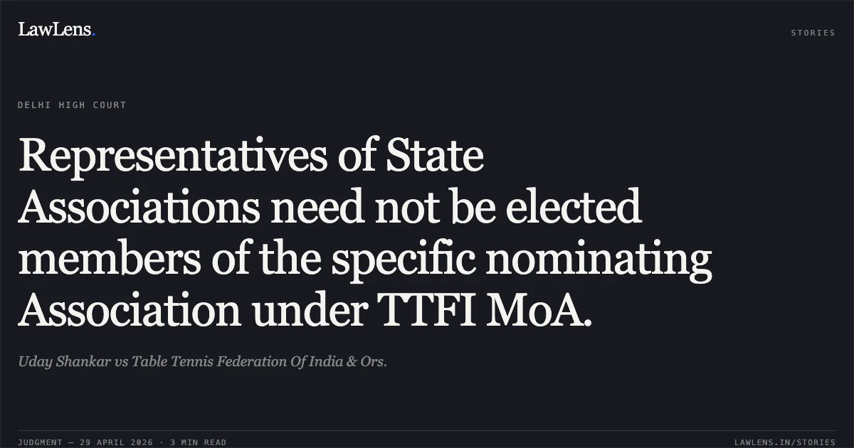 Representatives of State Associations need not be elected members of the specific nominating Association under TTFI MoA.. Uday Shankar vs Table Tennis Federation Of India & Ors.. Delhi High Court. LawLens