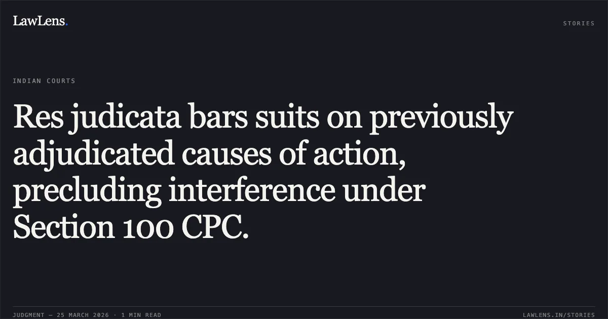Res judicata bars suits on previously adjudicated causes of action, precluding interference under Section 100 CPC.. Faguram Yadav vs Kalyan Singh. Chhattisgarh High Court. LawLens