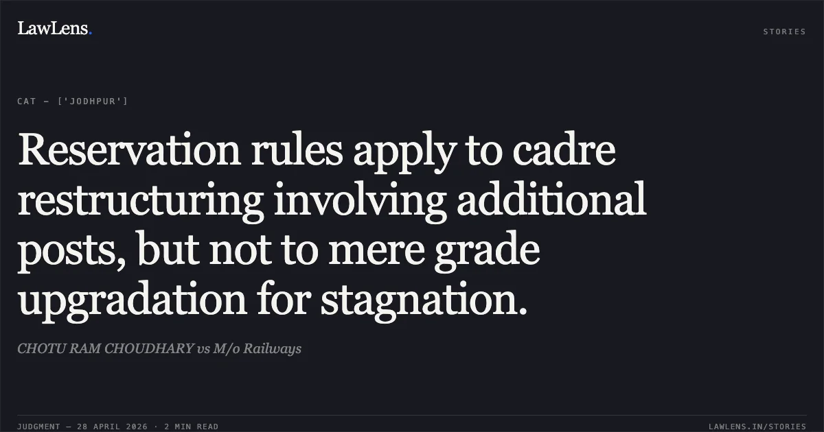 Reservation rules apply to cadre restructuring involving additional posts, but not to mere grade upgradation for stagnation.. CHOTU RAM CHOUDHARY vs M/o Railways. Central Administrative Tribunal. LawLens