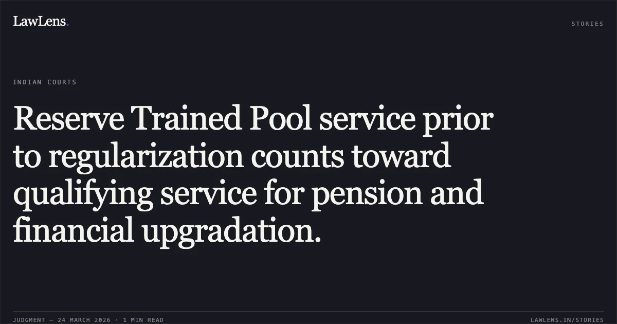 Reserve Trained Pool service prior to regularization counts toward qualifying service for pension and financial upgradation.. KANISK KUMAR LAL vs POST UP CIRCLE. Central Administrative Tribunal. LawLens