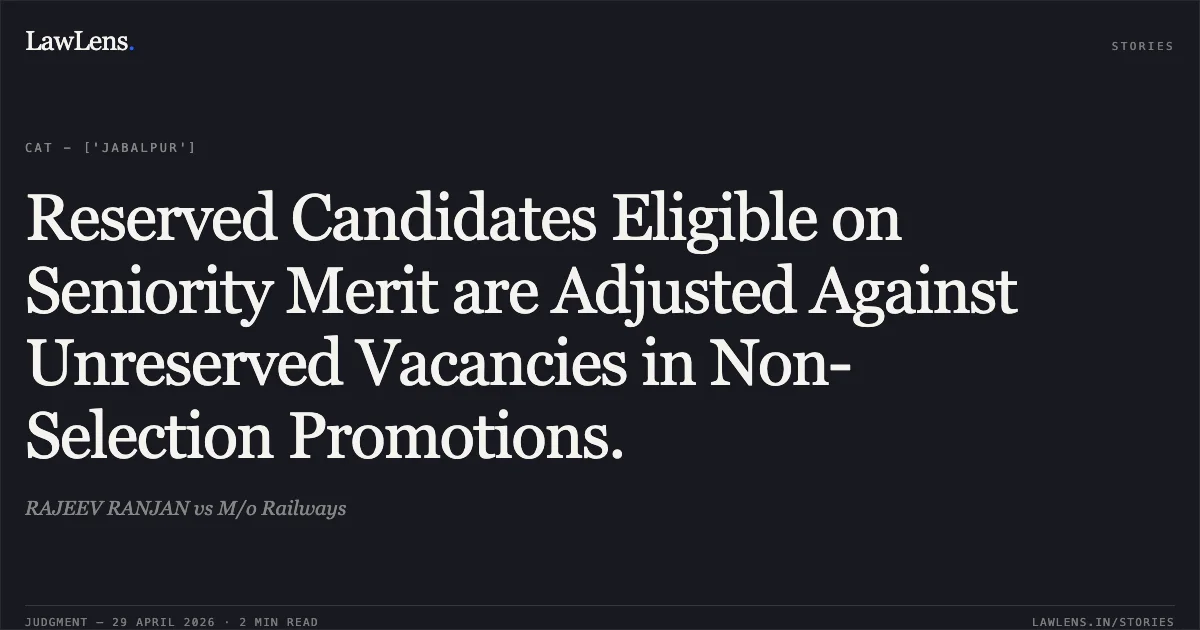 Reserved Candidates Eligible on Seniority Merit are Adjusted Against Unreserved Vacancies in Non-Selection Promotions.. RAJEEV RANJAN vs M/o Railways. Central Administrative Tribunal. LawLens