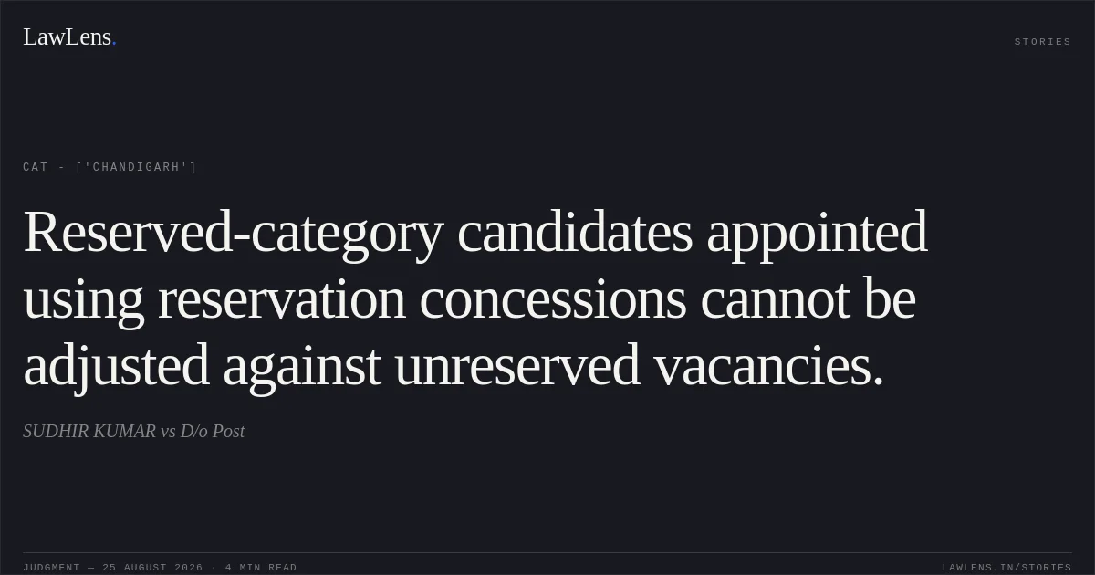Reserved-category candidates appointed using reservation concessions cannot be adjusted against unreserved vacancies.. SUDHIR KUMAR vs D/o Post. CAT - ['Chandigarh']. LawLens