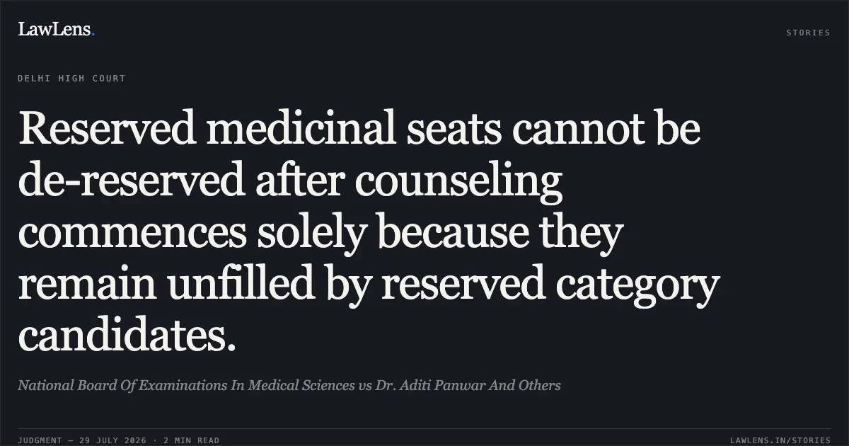 Reserved medicinal seats cannot be de-reserved after counseling commences solely because they remain unfilled by reserved category candidates.. National Board Of Examinations In Medical Sciences vs Dr. Aditi Panwar And Others. Delhi High Court. LawLens