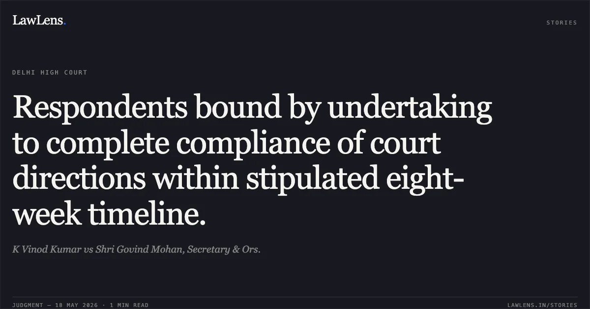 Respondents bound by undertaking to complete compliance of court directions within stipulated eight-week timeline.. K Vinod Kumar vs Shri Govind Mohan, Secretary & Ors.. Delhi High Court. LawLens