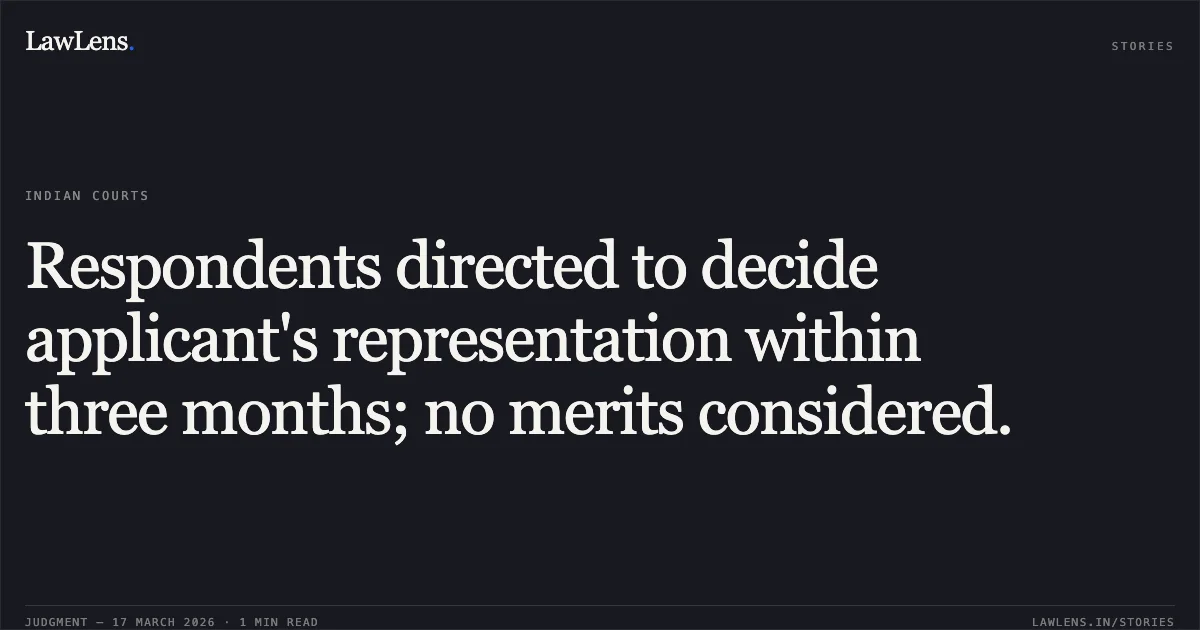 Respondents directed to decide applicant's representation within three months; no merits considered.. Priyanka Dogra vs AGRICULTURE AND FARMERS WELFARE. Central Administrative Tribunal. LawLens
