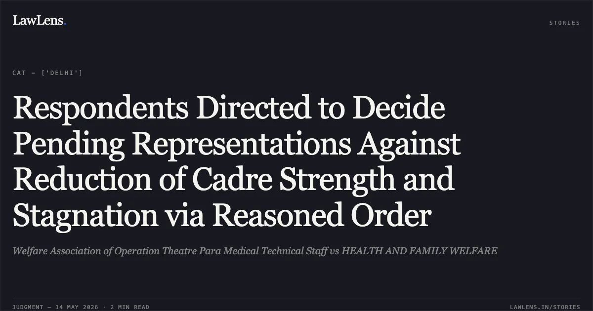 Respondents Directed to Decide Pending Representations Against Reduction of Cadre Strength and Stagnation via Reasoned Order. Welfare Association of Operation Theatre Para Medical Technical Staff vs HEALTH AND FAMILY WELFARE. Central Administrative Tribunal. LawLens