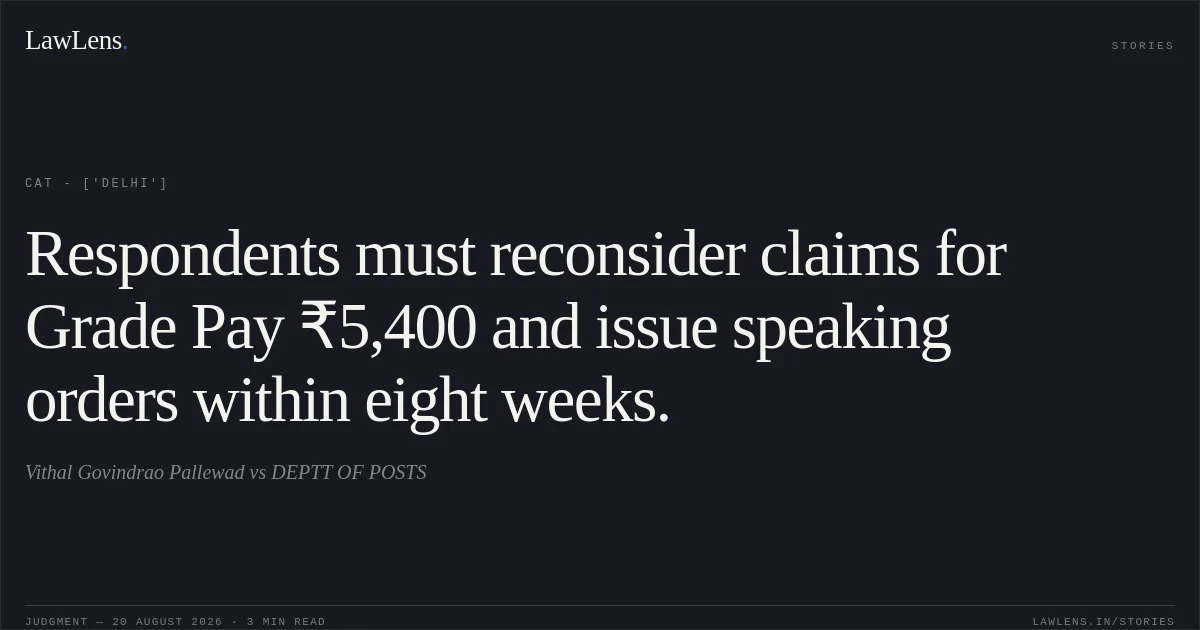 Respondents must reconsider claims for Grade Pay ₹5,400 and issue speaking orders within eight weeks.. Vithal Govindrao Pallewad vs DEPTT OF POSTS. CAT - ['Delhi']. LawLens