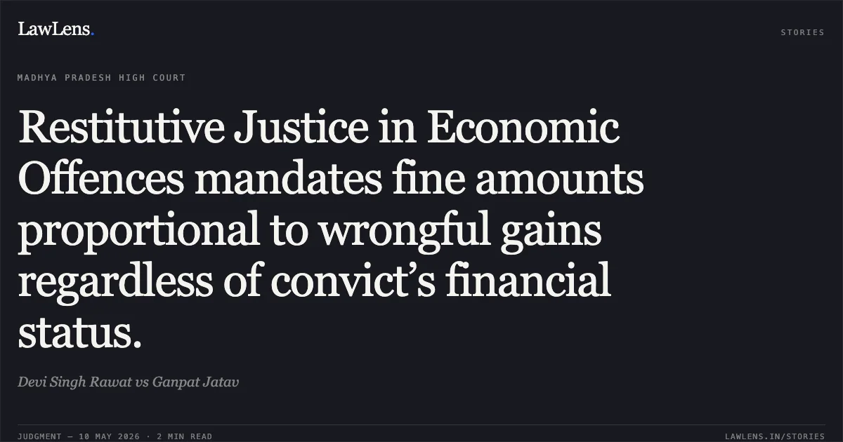Restitutive Justice in Economic Offences mandates fine amounts proportional to wrongful gains regardless of convict’s financial status.. Devi Singh Rawat vs Ganpat Jatav. Madhya Pradesh High Court. LawLens